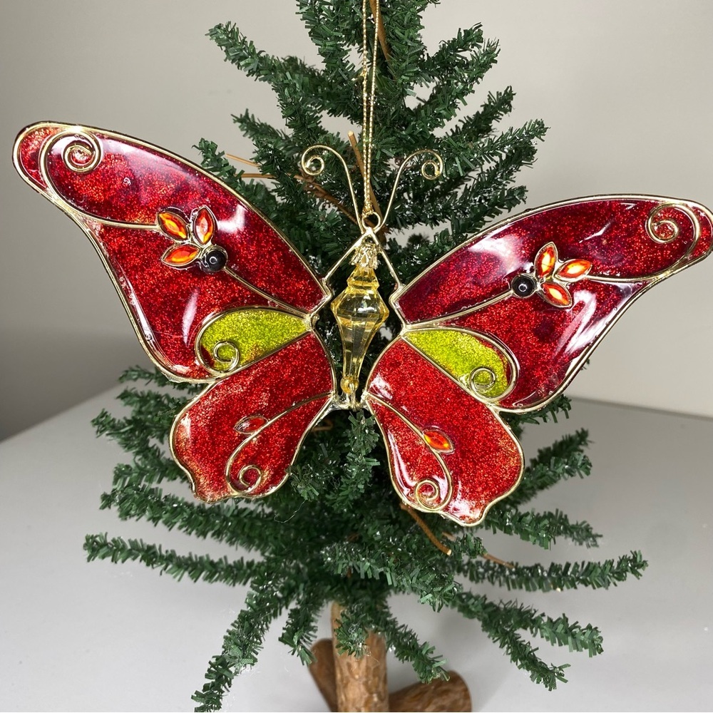 Vintage Red Butterfly Metal Plastic Large 8” Christmas Tree Ornament